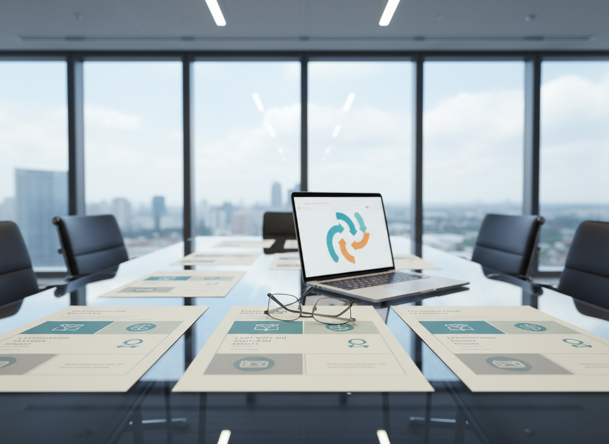 A polished, glass-topped conference table in a professional office setting, covered with neatly aligned financial documents related to retirement plans, wills, and trusts. Each document is designed with clear sections and simple icons rather than text, alongside a pair of reading glasses and a slim, brushed-metal laptop showing an abstract dashboard of colored shapes indicating financial progress. In the background, floor-to-ceiling windows reveal a softly blurred cityscape. Cool, diffused daylight fills the room, balanced by subtle overhead lighting that reflects gently off the glass surface. Photographic realism at a slightly elevated angle with medium depth of field creates a calm, authoritative atmosphere, suggesting a careful review and thoughtful guidance around complex financial decisions.