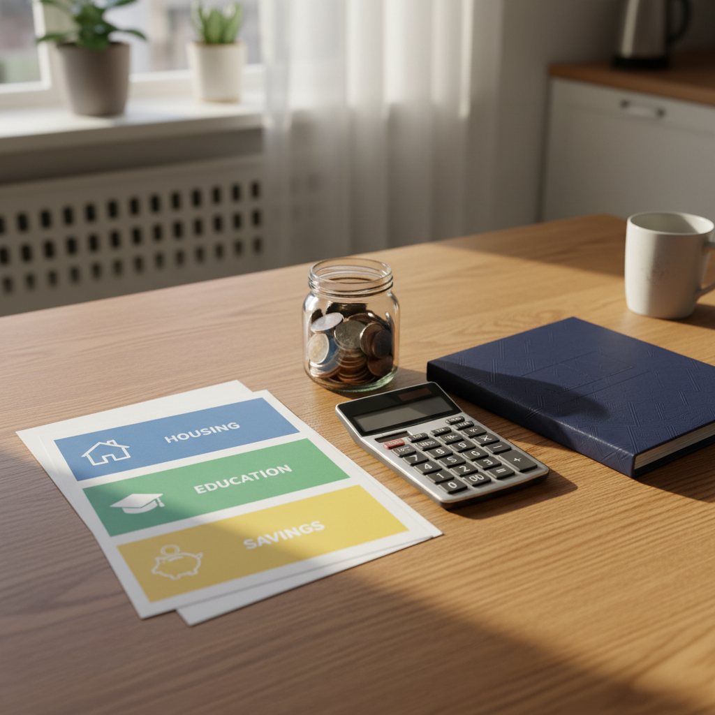 A close-up, overhead photographic view of a kitchen table covered with neatly organized budgeting materials: crisp paper sheets with colored sections and simple iconography for housing, education, and savings, a small transparent jar partially filled with assorted coins, and a slim calculator with softly glowing buttons. Nearby, a closed folder with a subtle embossed pattern suggests important financial documents. The table is a warm oak surface with natural grain textures, situated in a bright, lived-in kitchen whose details fade into soft bokeh. Late afternoon natural light pours in from the side, producing gentle shadows and a warm, reassuring atmosphere. The composition follows the rule of thirds, with sharp focus on the documents, conveying clarity, order, and calm financial planning at home.