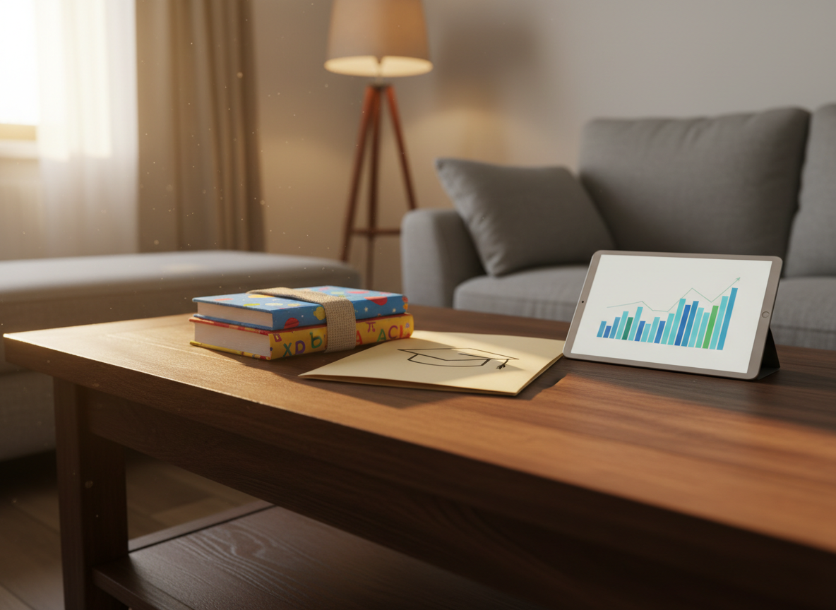 A cozy living-room coffee table scene focused on planning for children’s education: a sturdy, dark-wood table holds a small stack of colorful, closed textbooks bound with a simple fabric strap, beside a folder decorated with a minimalist graduation-cap icon. A tablet lies nearby, displaying an abstract bar chart in gentle blues and greens. In the background, a soft-focus sofa and floor lamp hint at a relaxed home environment. Warm, golden-hour sunlight slants in from a nearby window, casting long, soft shadows and creating a comforting glow on the book covers. Shot from a low, three-quarter angle in photographic realism, the composition emphasizes a calm, hopeful mood around preparing for a child’s financial future.