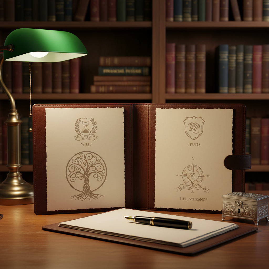 An elegant wooden desk set up for legacy and protection planning, featuring a high-quality, leather-bound folder partially open to reveal thick, cream-colored pages labeled with subtle symbolic seals for wills, trusts, and life insurance. A classic fountain pen with a gold nib rests beside a small, decorative metal box, implying safekeeping of important documents. In the background, a blurred bookshelf holds a mix of law and finance volumes. Soft, directional lamp light pools over the desktop, creating rich, warm highlights on the leather and gentle shadows along the paper edges. Photographic realism, framed in a centered composition with moderate depth of field, conveys a serious yet reassuring atmosphere around long-term financial security and estate planning.